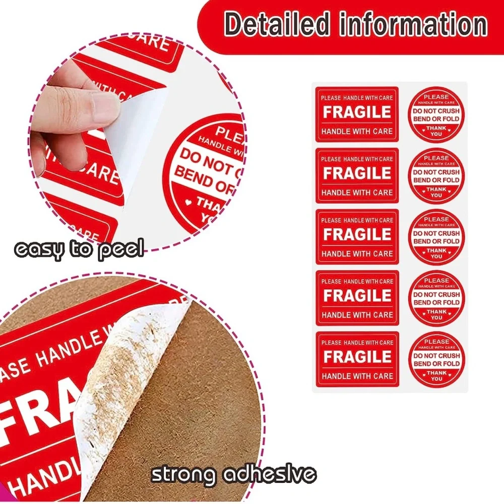 New 100 Pcs Handle With Care Fragile Circle Rectangle Packing Stickers